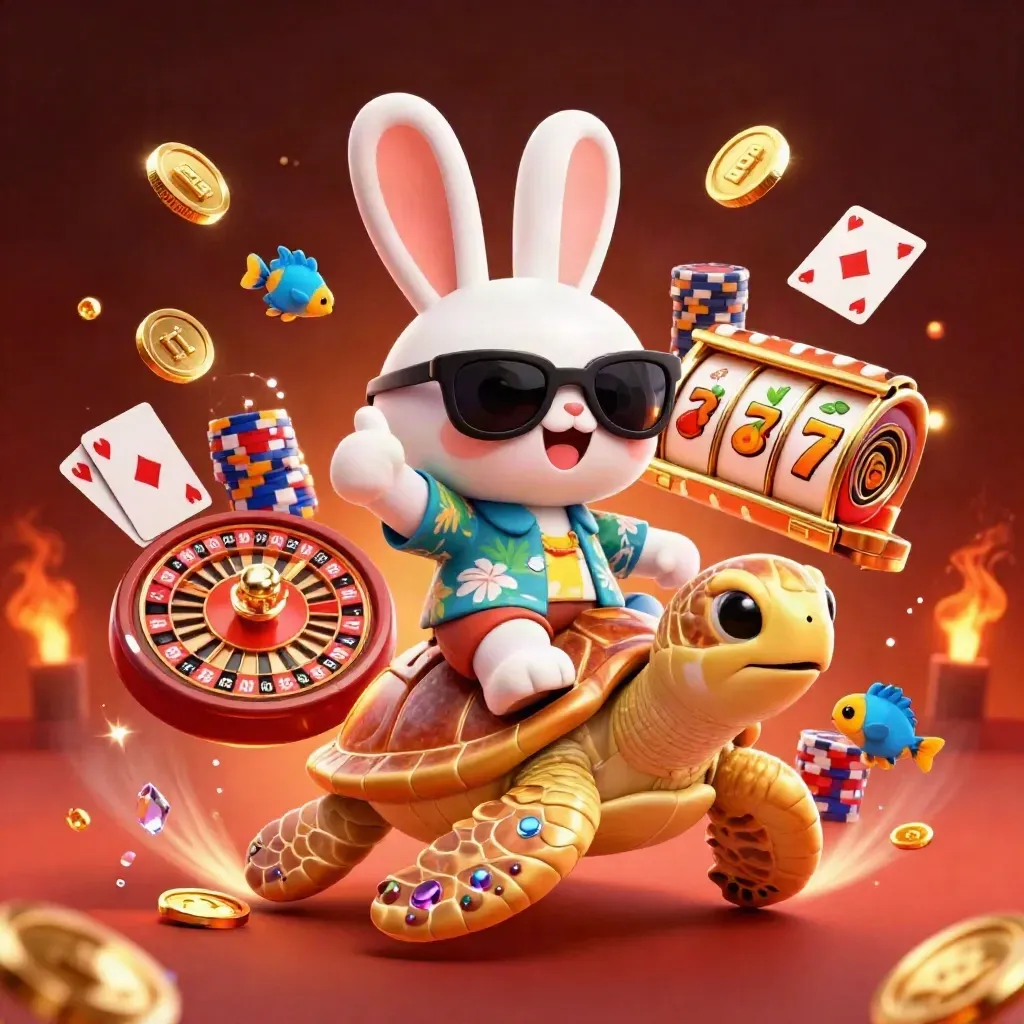 Lucky rabbit rides a gold sea turtle amid casino chips, cards, coins, and glowing roulette effects.
