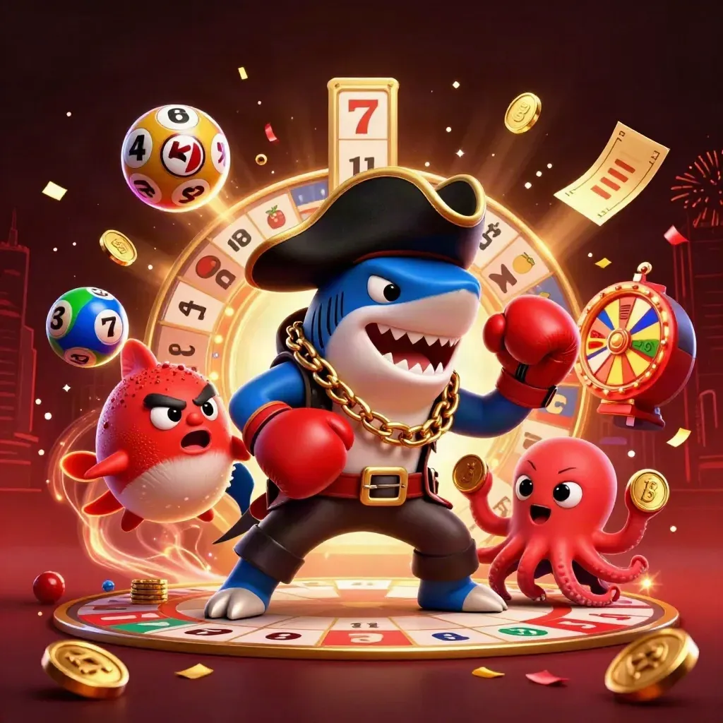 Pirate shark, boxing pufferfish, and coin-juggling octopus amid casino sparks and reels.