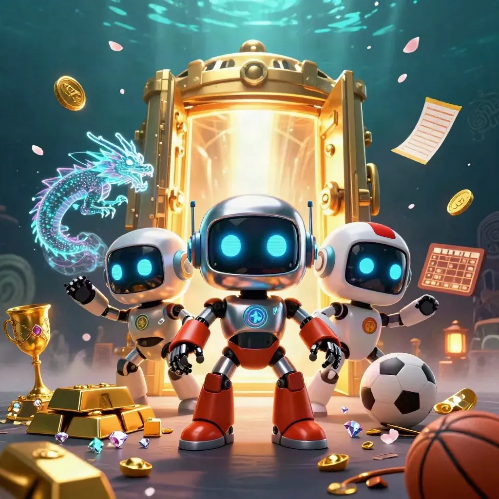 Cyberpunk robot, holographic dragon, and coin drone amid a golden vault, gems, and casino glow.
