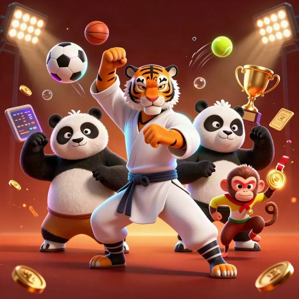 Kung-fu tiger, panda, and monkey amid casino rewards, balls, coins, and neon glow.