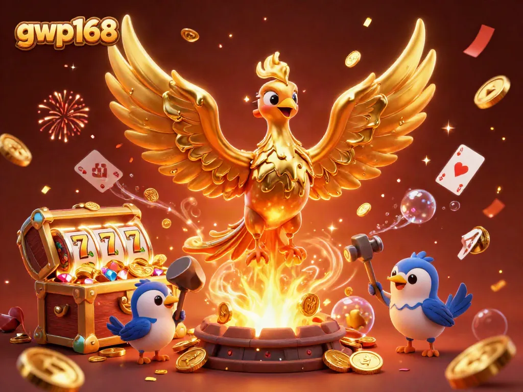 Permainan slot gacor di GWP168 dengan phoenix emas dan harta karun berkilauan.