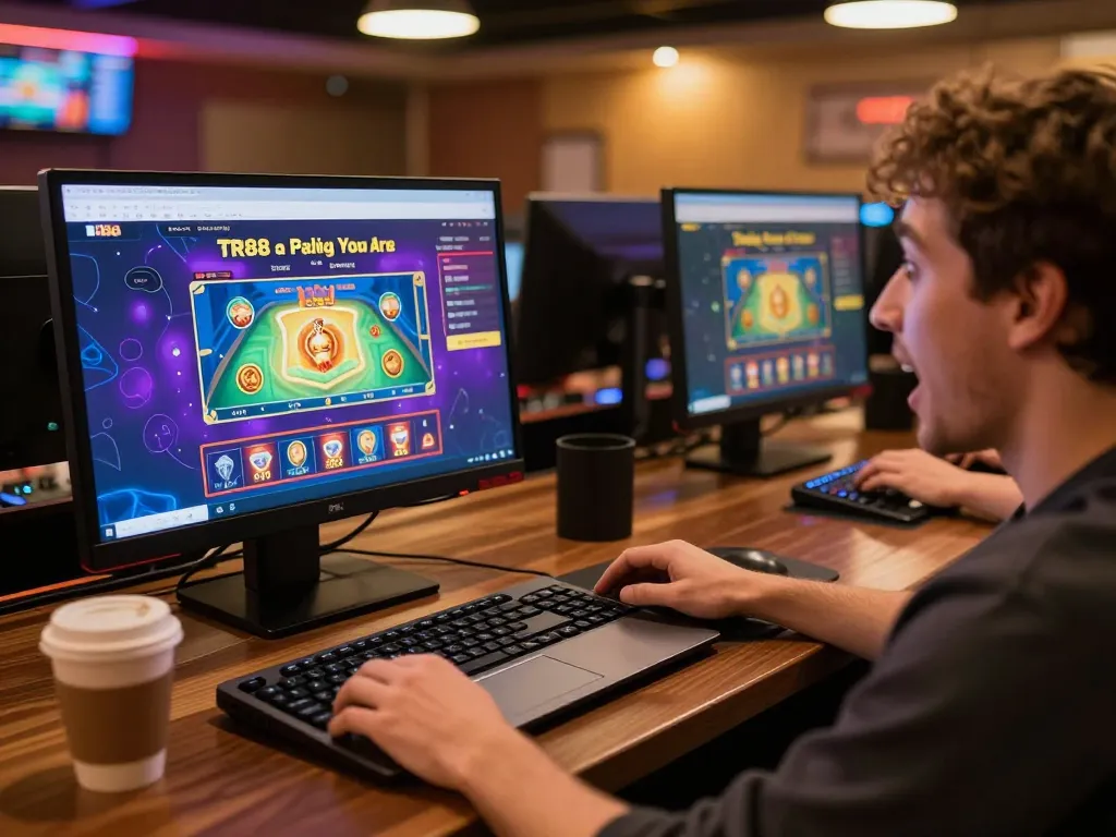 Player engaging in TR88 online casino gaming with vibrant interface displayed on laptop