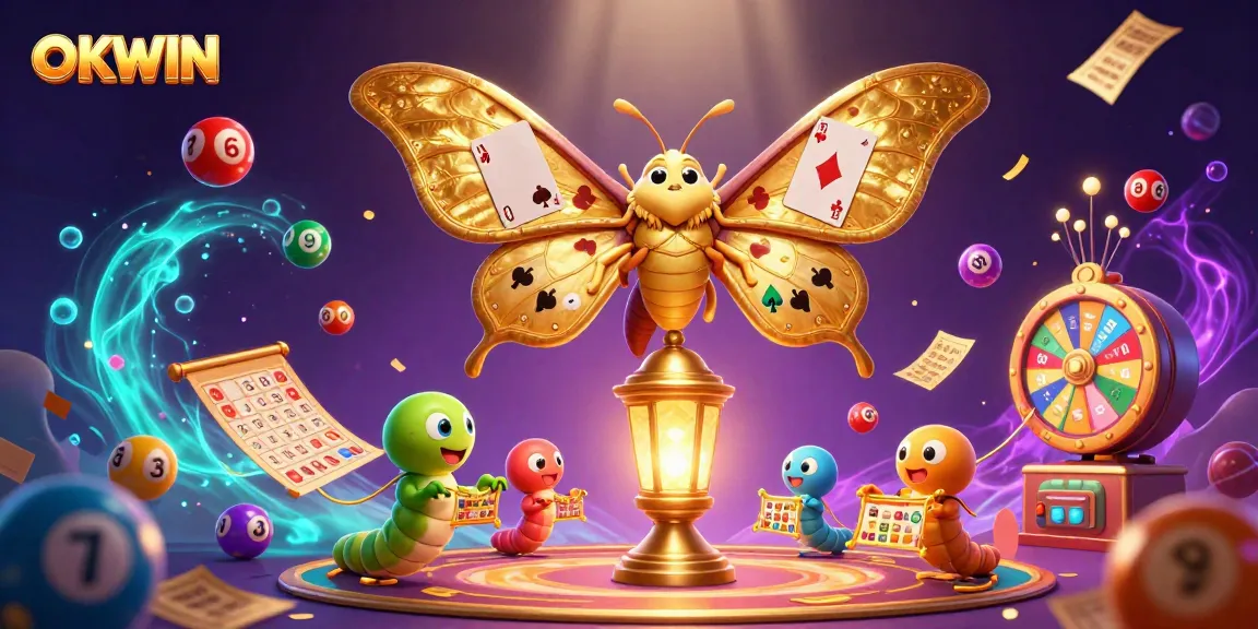 Engage in the vibrant world of OKWIN with a dazzling 3D illustration of a moth and casino elements.