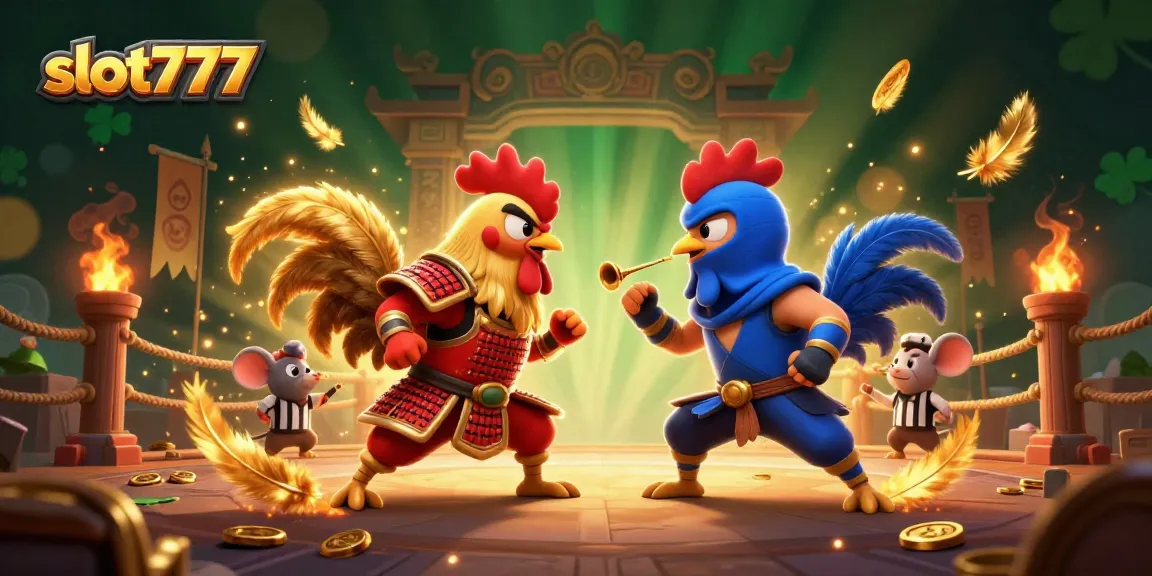 Engage with slot777 gameplay as roosters duel in a vibrant casino-themed arena, showcasing thrilling action.