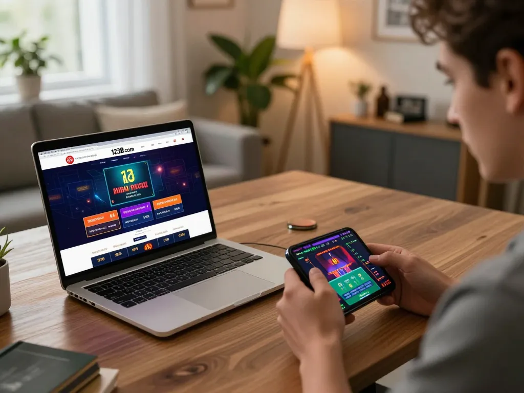Player engaging with 123B com online casino on laptop, smartphone nearby, showcasing gaming excitement
