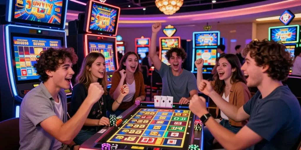 Group enjoying the Lucky777 slot machine with vibrant casino lights