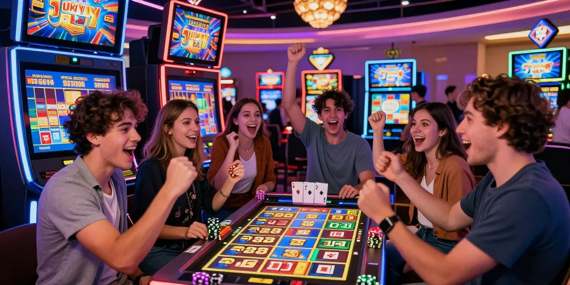 Group enjoying the Lucky777 slot machine with vibrant casino lights