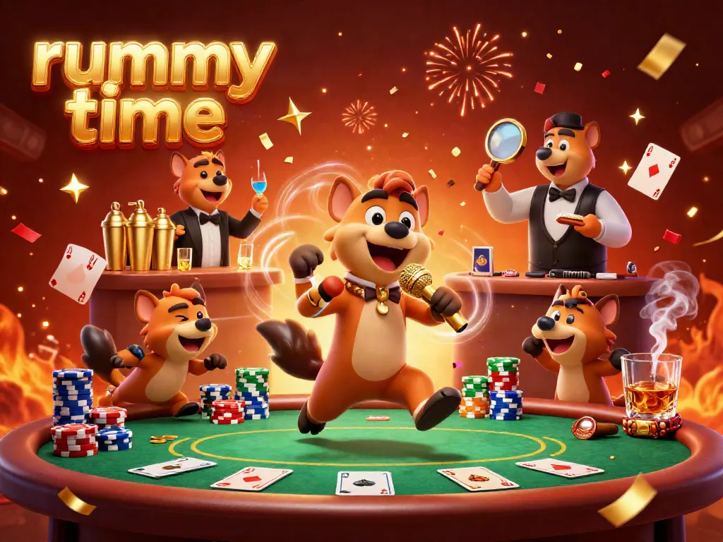 Engage with rummy time action within a lively casino scene featuring hyenas hosting and enjoying card games.