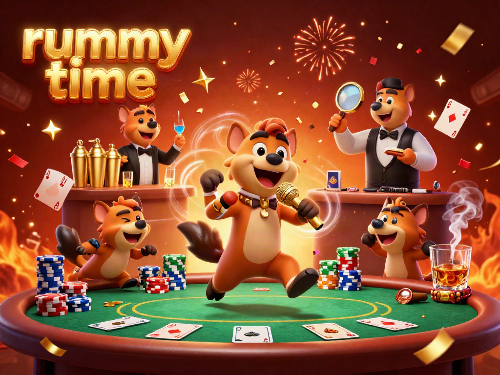Engage with rummy time action within a lively casino scene featuring hyenas hosting and enjoying card games.