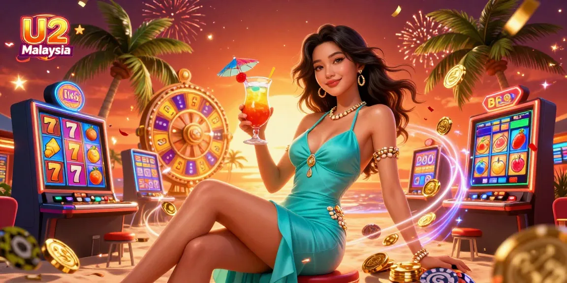 Experience the excitement of U2 Malaysia with vibrant slot games, a tropical woman, and festive casino elements.