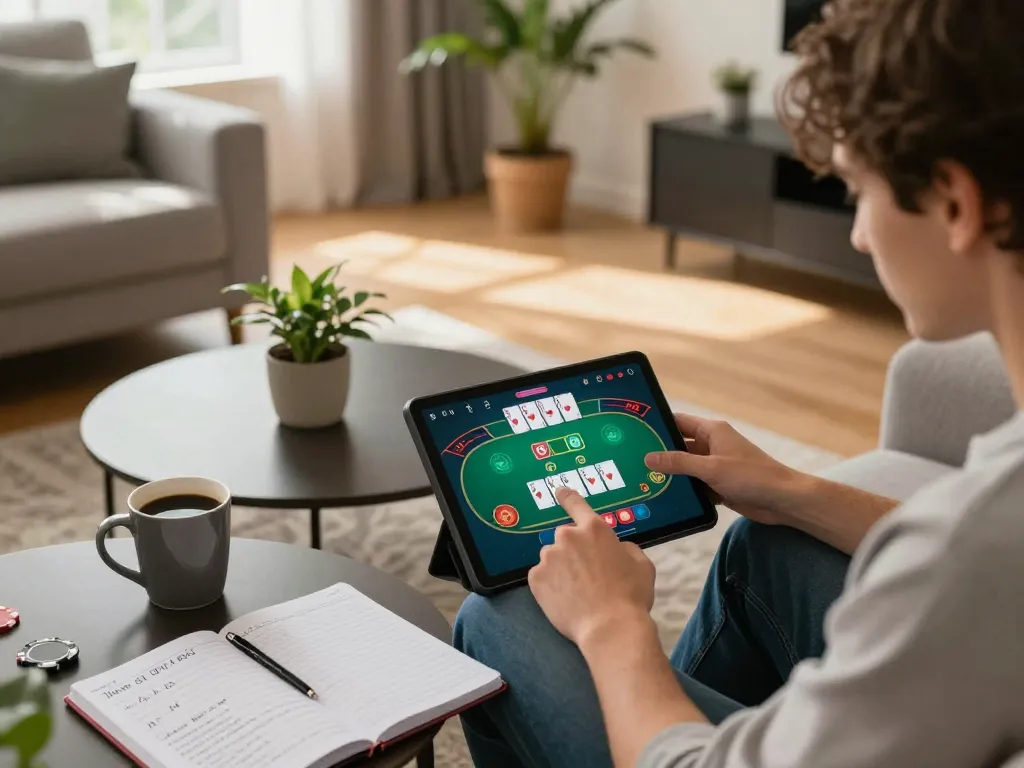 Engaged in online poker gaming at home with okfun's interactive experience on tablet.