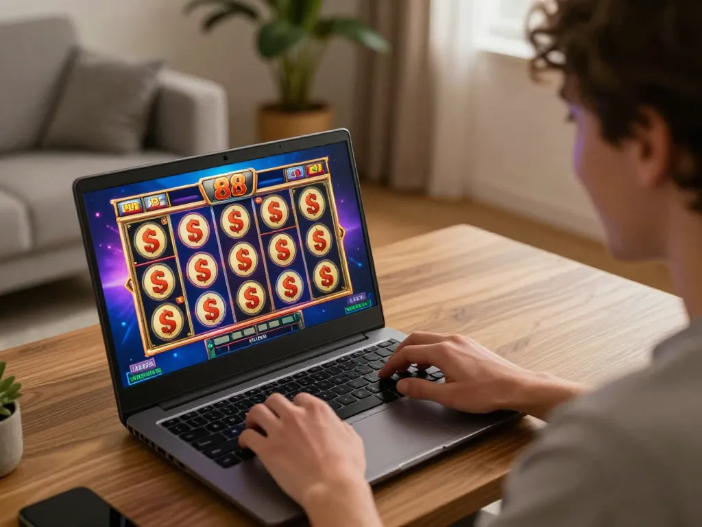 Player enjoying a slot88 game on a laptop, celebrating winning combinations in cozy home setting