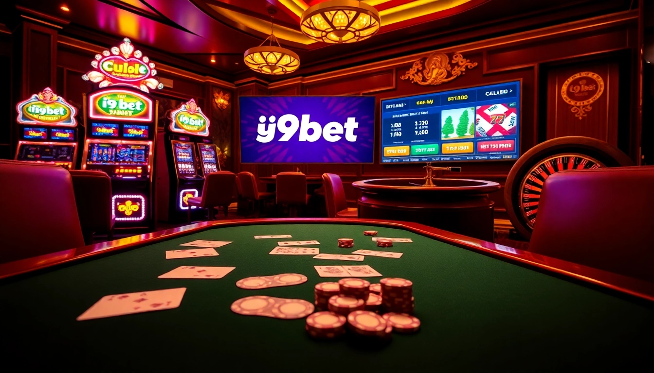 Experience the excitement of online gambling with i9bet's glamorous casino scene showcasing cards and chips.