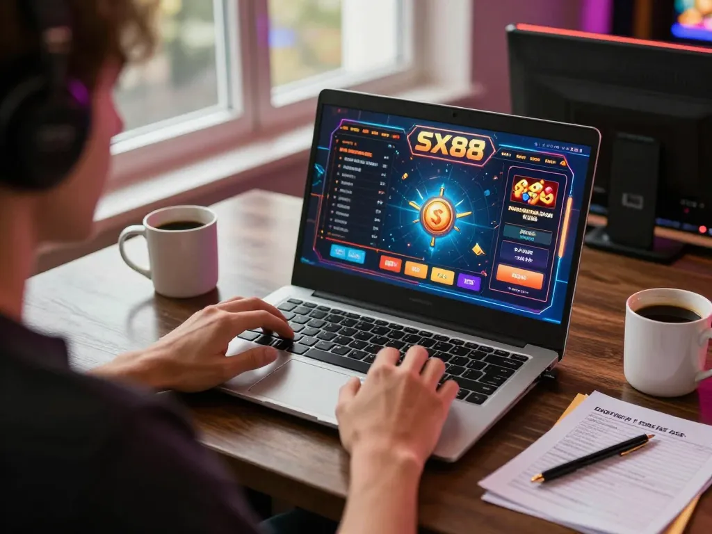 SX88 online gaming session featuring an engaging player, vibrant interface, and strategic notes.