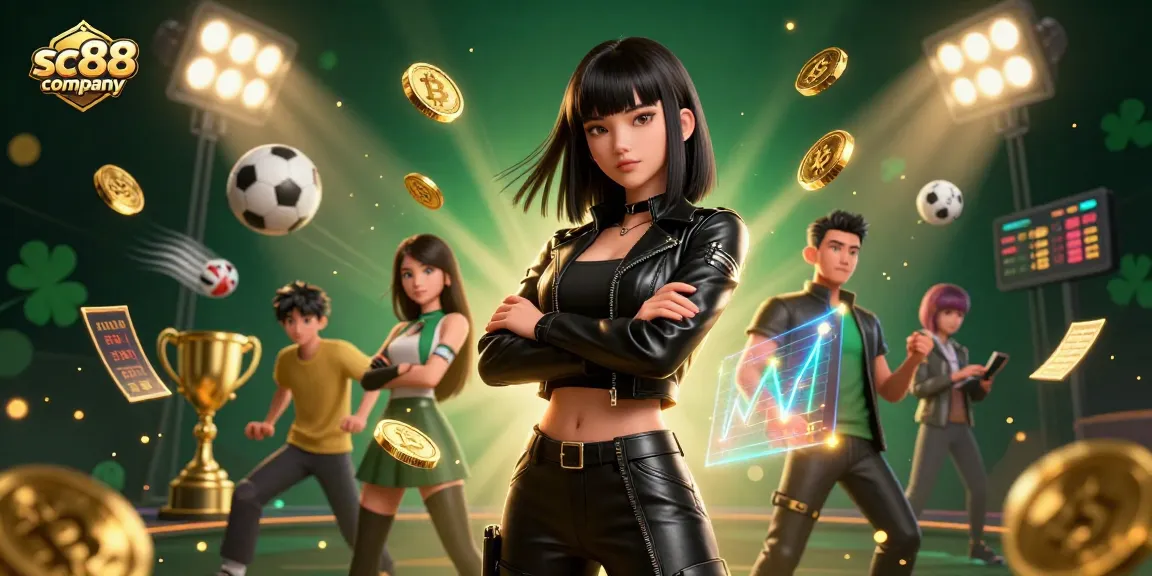 Engage with sc88 company in high-stakes sports betting, featuring a powerful Asian woman amidst dynamic game elements.