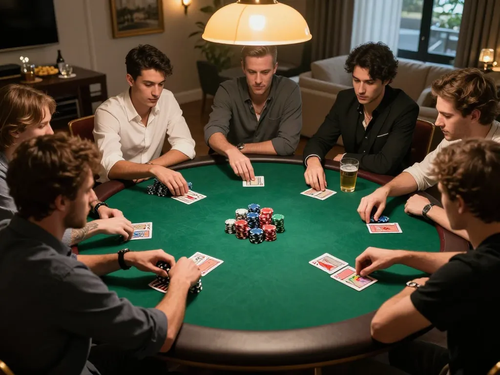 Players enjoying a thrilling Texas Hold'em game at home, showcasing Rik vip excitement and strategy in a cozy setting.