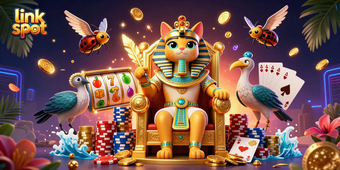 Menangkan jackpot dengan link slot, mesin slot yang menampilkan simbol keberuntungan di latar belakang megah.