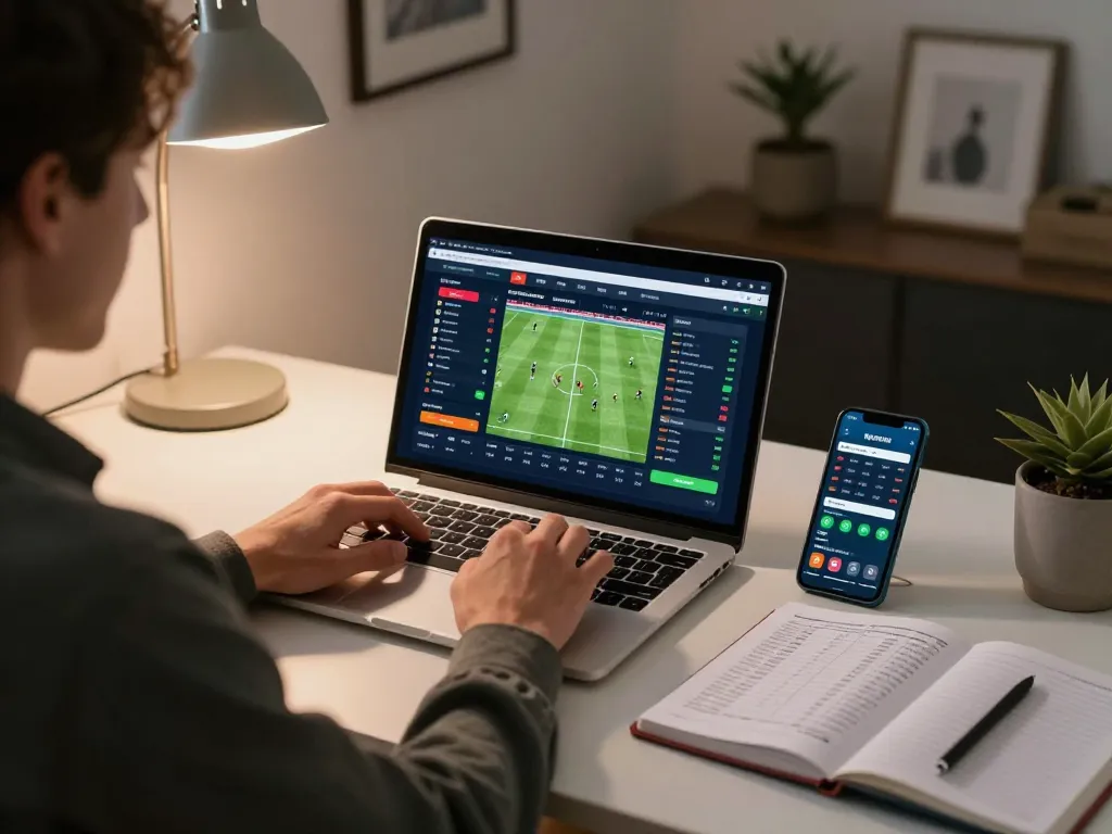 Engaging in strategic tin soi kèo sports betting while analyzing live odds on a laptop.