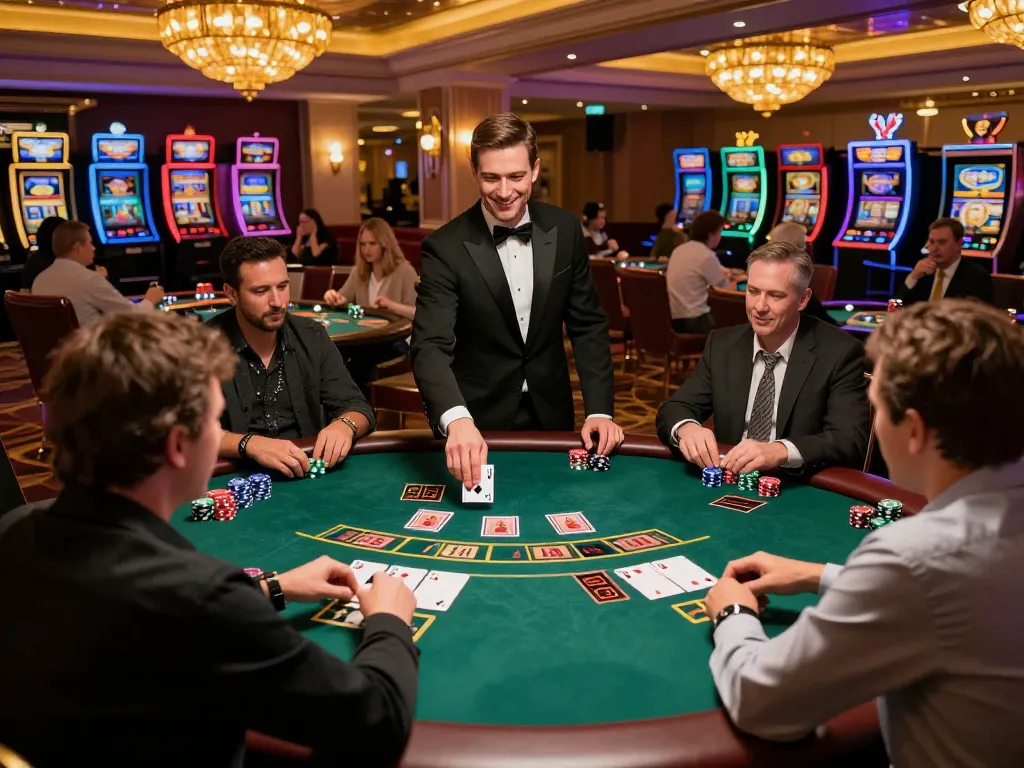 Players engaging in strategy at ok8386 blackjack table, vibrant casino atmosphere.