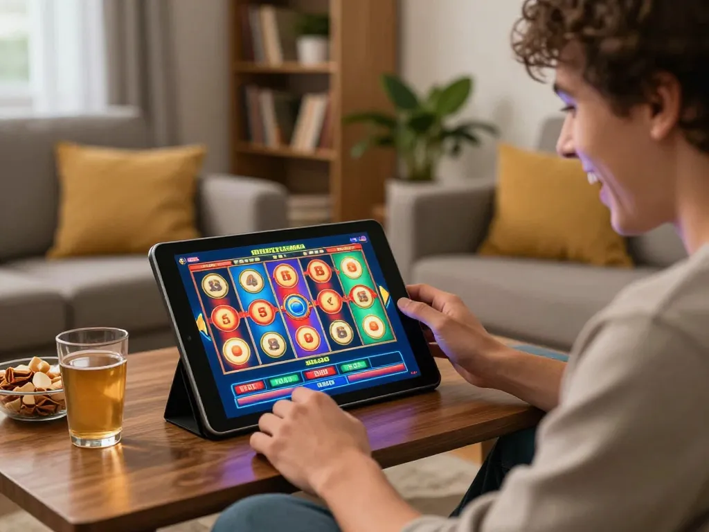 Player enjoying sc88 online slots on a tablet in a cozy living room setting, showcasing engaging gameplay