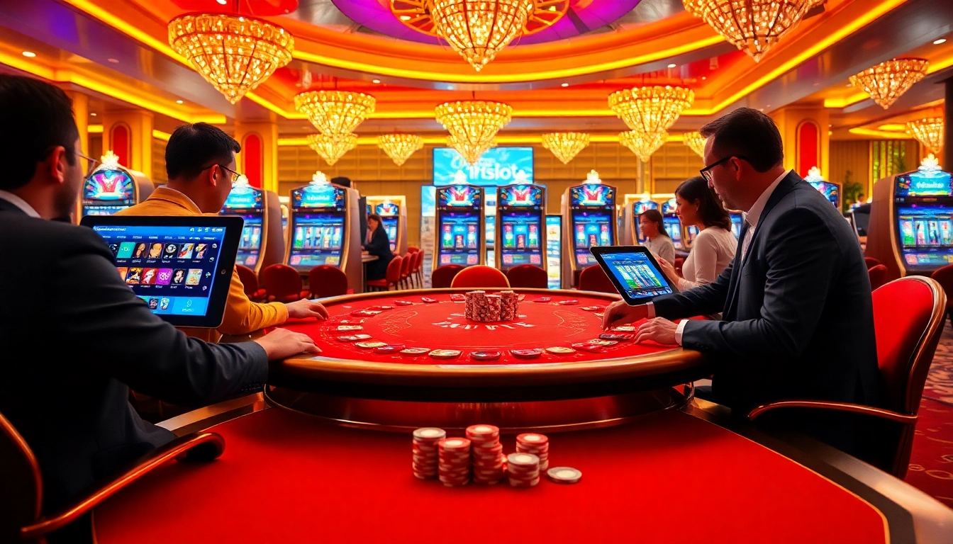 Play idnslot at a luxurious casino table filled with exciting games and vibrant slot machines.