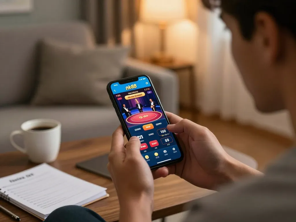 Player engaging with nk88 on smartphone, showcasing live dealer excitement in comfortable home setting.