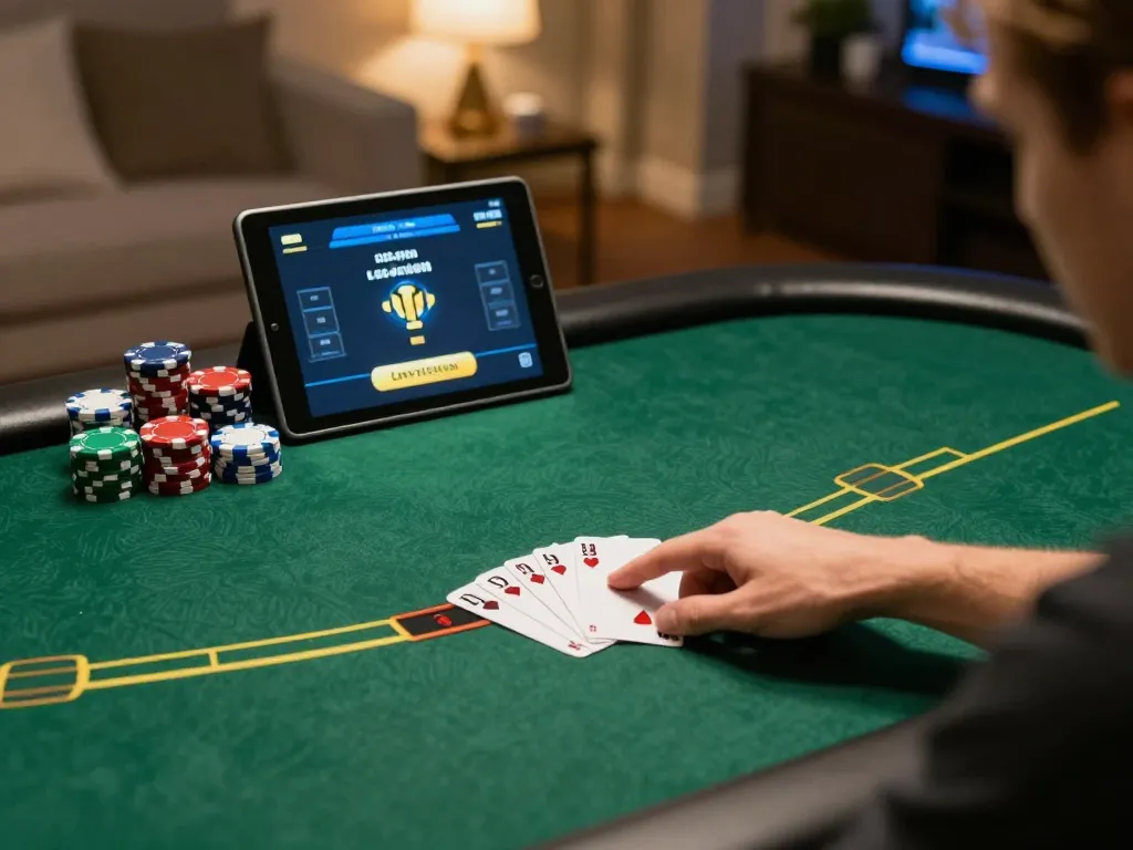 Player engaging in online poker at home using tr88 for strategic gameplay with virtual chips.