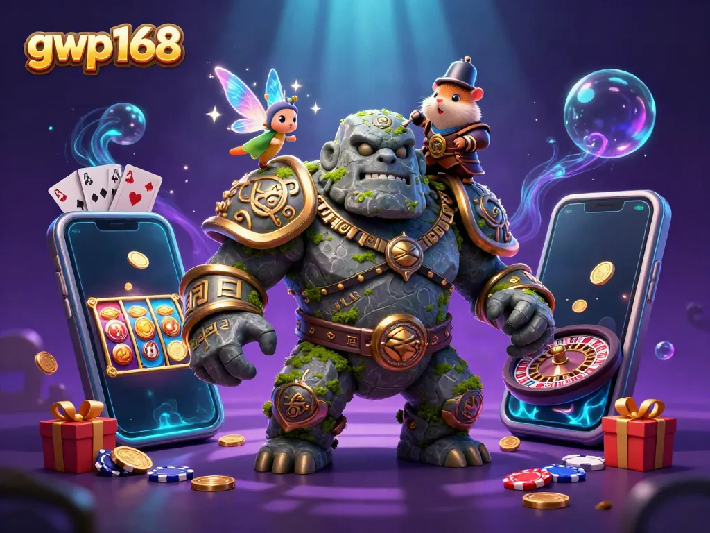 Permainan slot interaktif di platform gwp168 dengan karakter golem, peri, dan kesatria hamster.