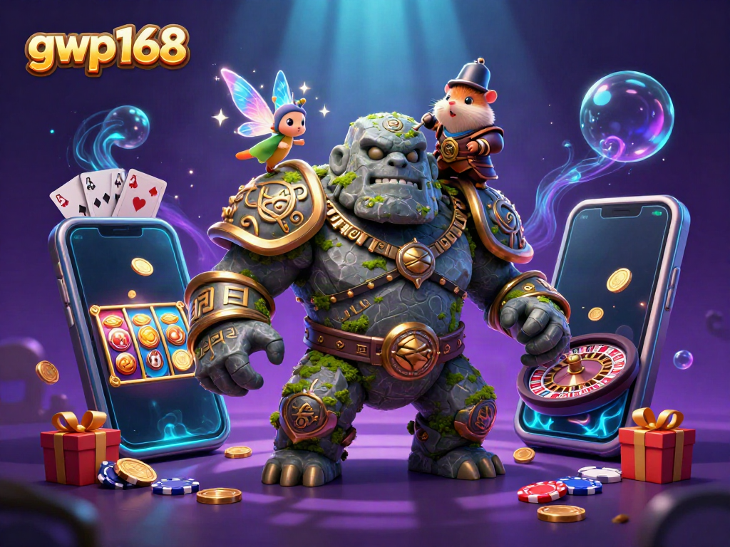 Permainan slot interaktif di platform gwp168 dengan karakter golem, peri, dan kesatria hamster.