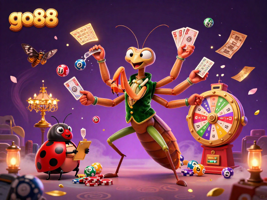 go88-themed lottery scene featuring a giant mantis and ladybug, showcasing dynamic gaming elements.