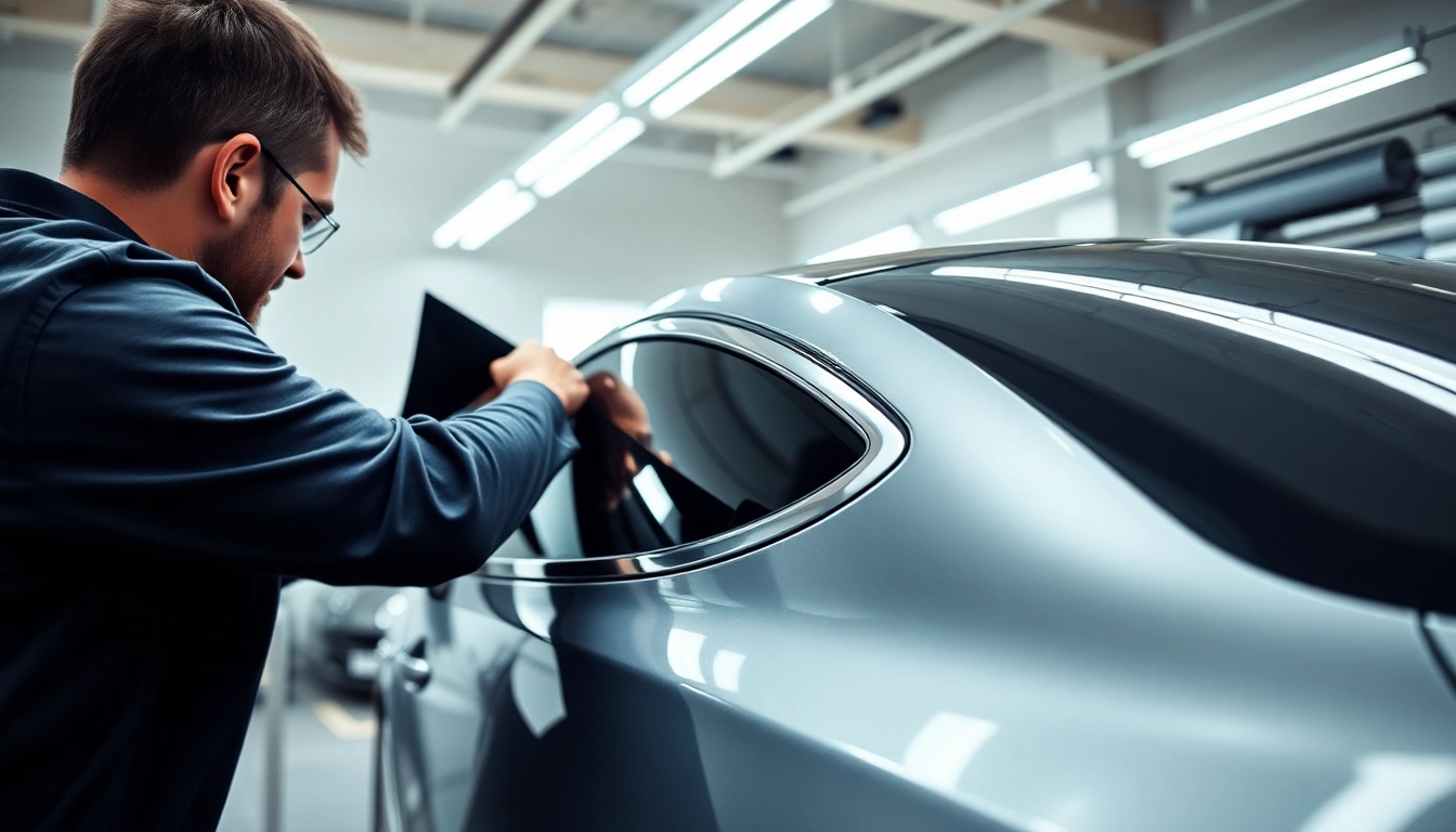 Applying auto window tint near me with precision in a bright, modern garage environment.