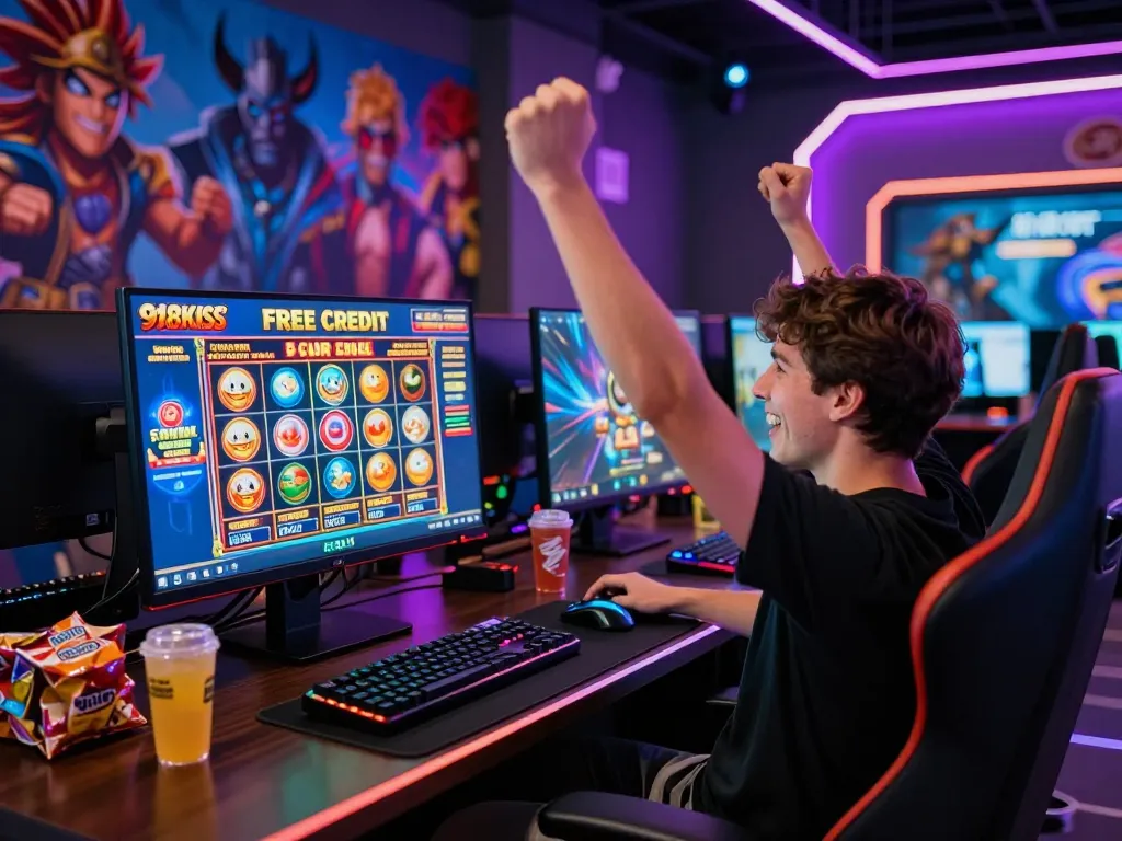 Player celebrating a win with free credit 918kiss on their vibrant gaming setup, showcasing a colorful game interface and dynamic atmosphere.