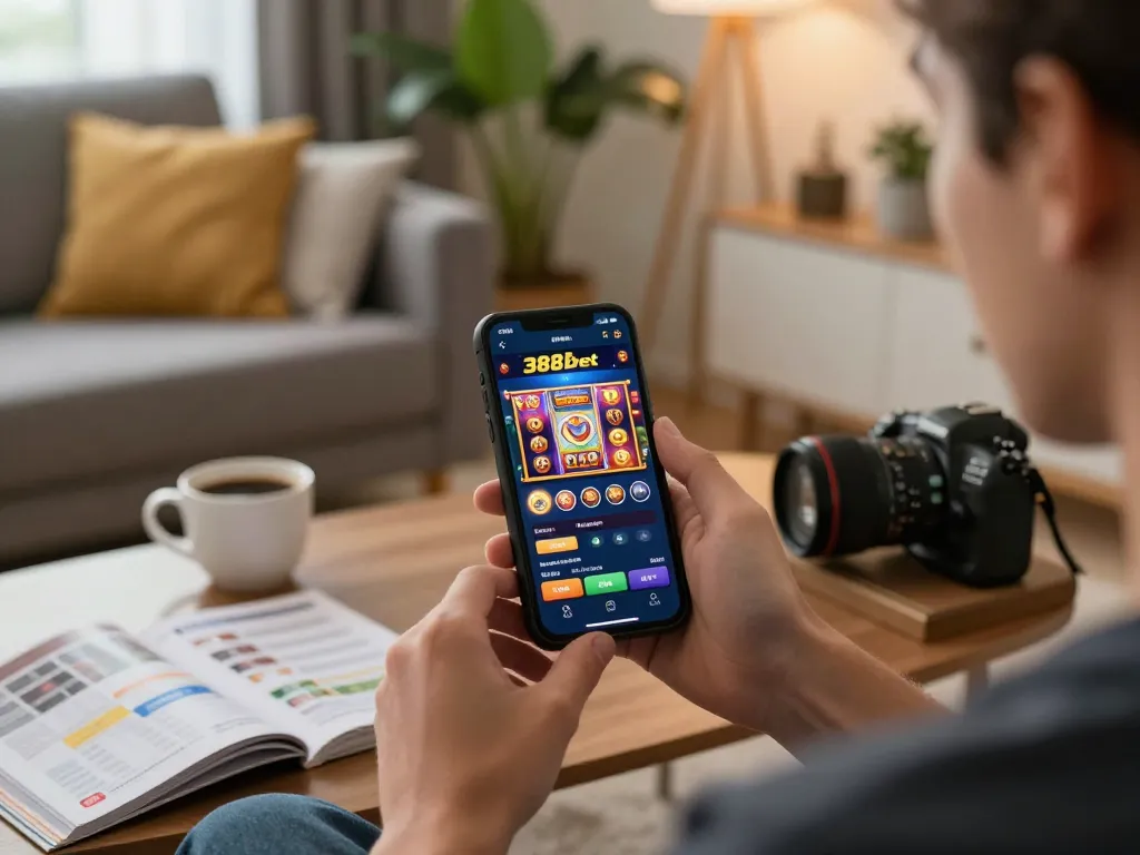 Engaging with the 388bet mobile casino app in a cozy living room, promoting responsible online gaming.