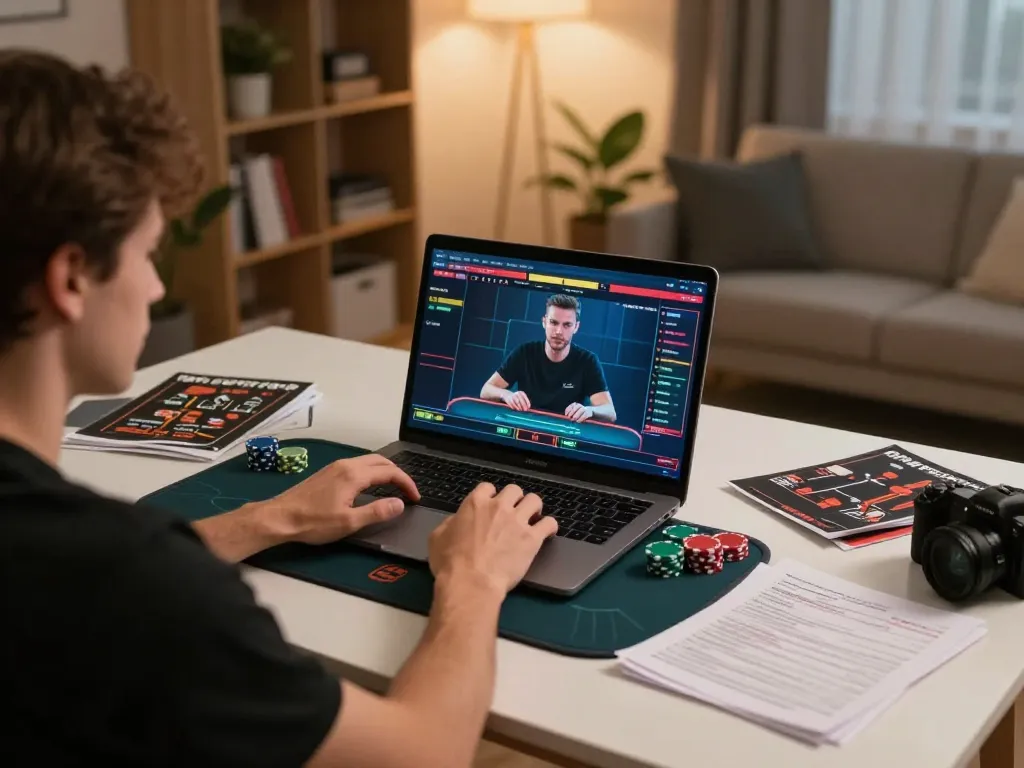 Player strategizing online poker at home with laptop, showcasing dh88 gaming experience effectively.