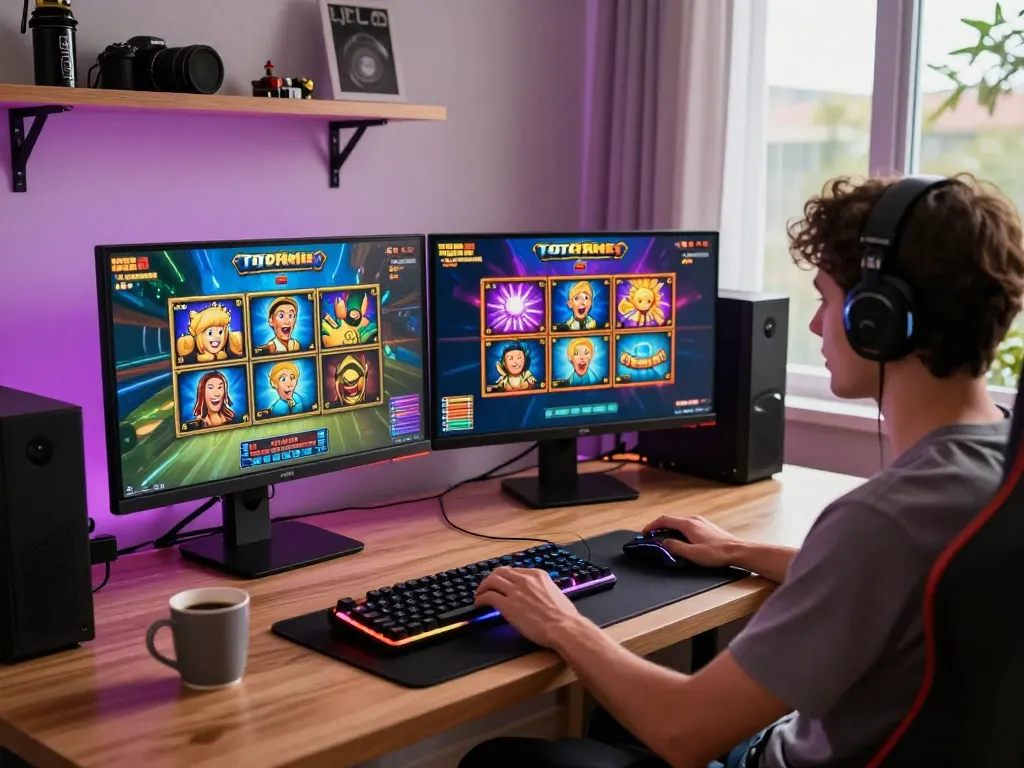 Engaged player enjoying a thrilling experience with toto slot games in a vibrant gaming environment.