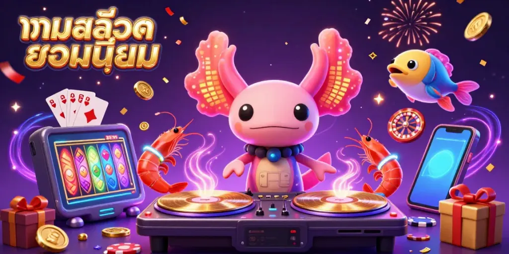 Experience the excitement of เกมสล็อตยอดนิยม with this vibrant 3D underwater casino scene featuring a DJ axolotl and dancing shrimp.