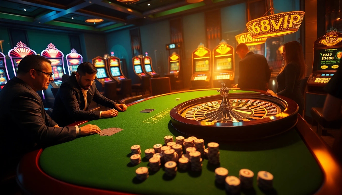 Players engaging at the 68VIP casino table, winning with poker chips and dice.