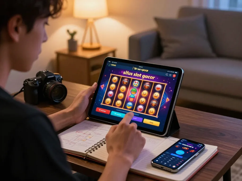 Engaging online gaming scene featuring situs slot gacor on tablet, emphasizing strategic betting.