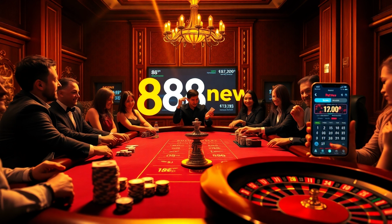 Players enjoying a thrilling poker game at 888new casino, showcasing high-stakes chips and a vibrant atmosphere.