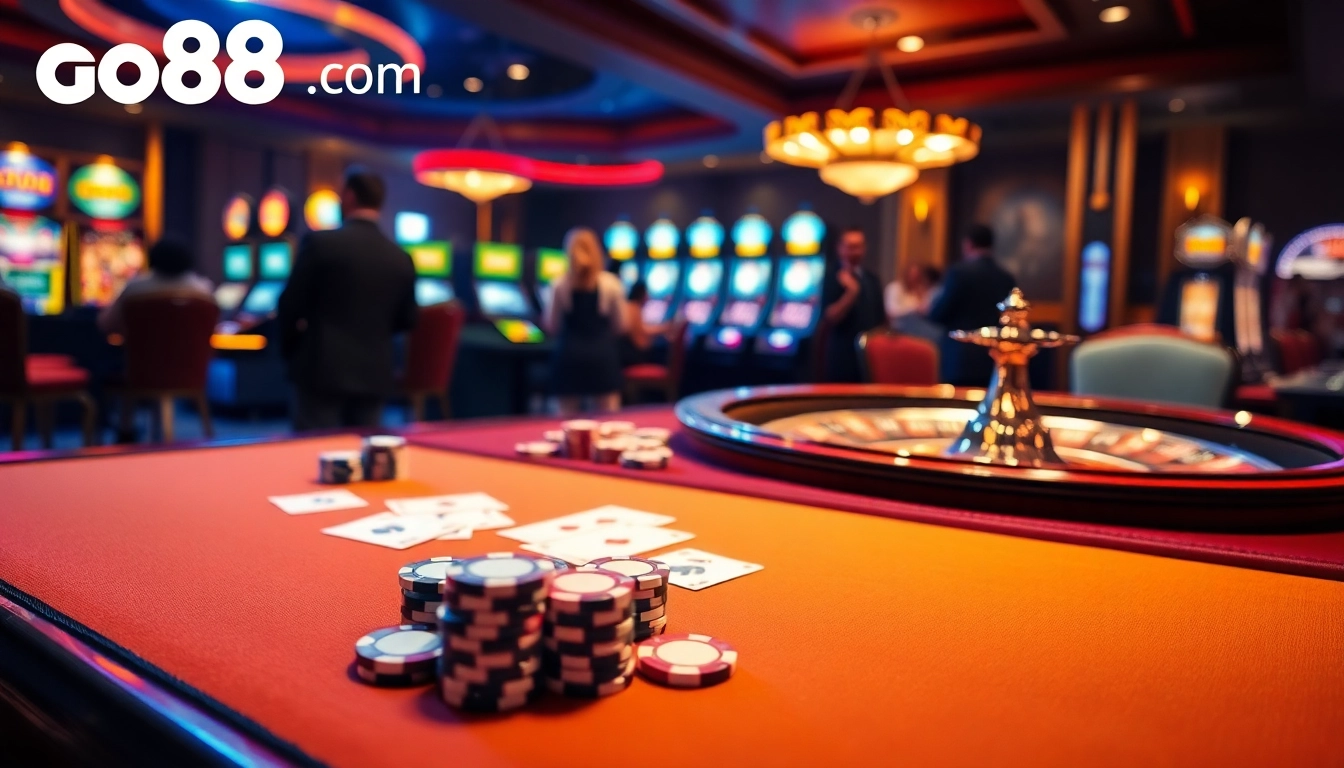 Winning at go88. com: Engaging casino scene with poker, roulette, and slot machines.