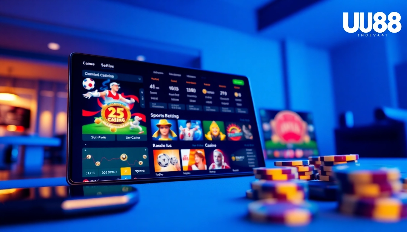 UU88 nhà cái offers an exciting online gaming experience with a modern interface showcasing sports betting, casino games, and vibrant gaming elements.