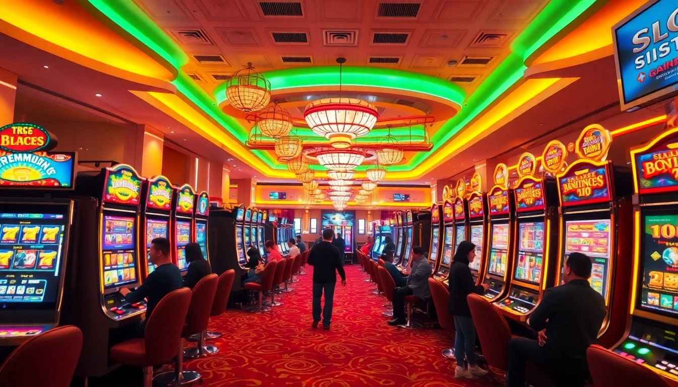 Slot Game yang menarik dengan mesin berwarna cerah dan pemain yang antusias di kasino.