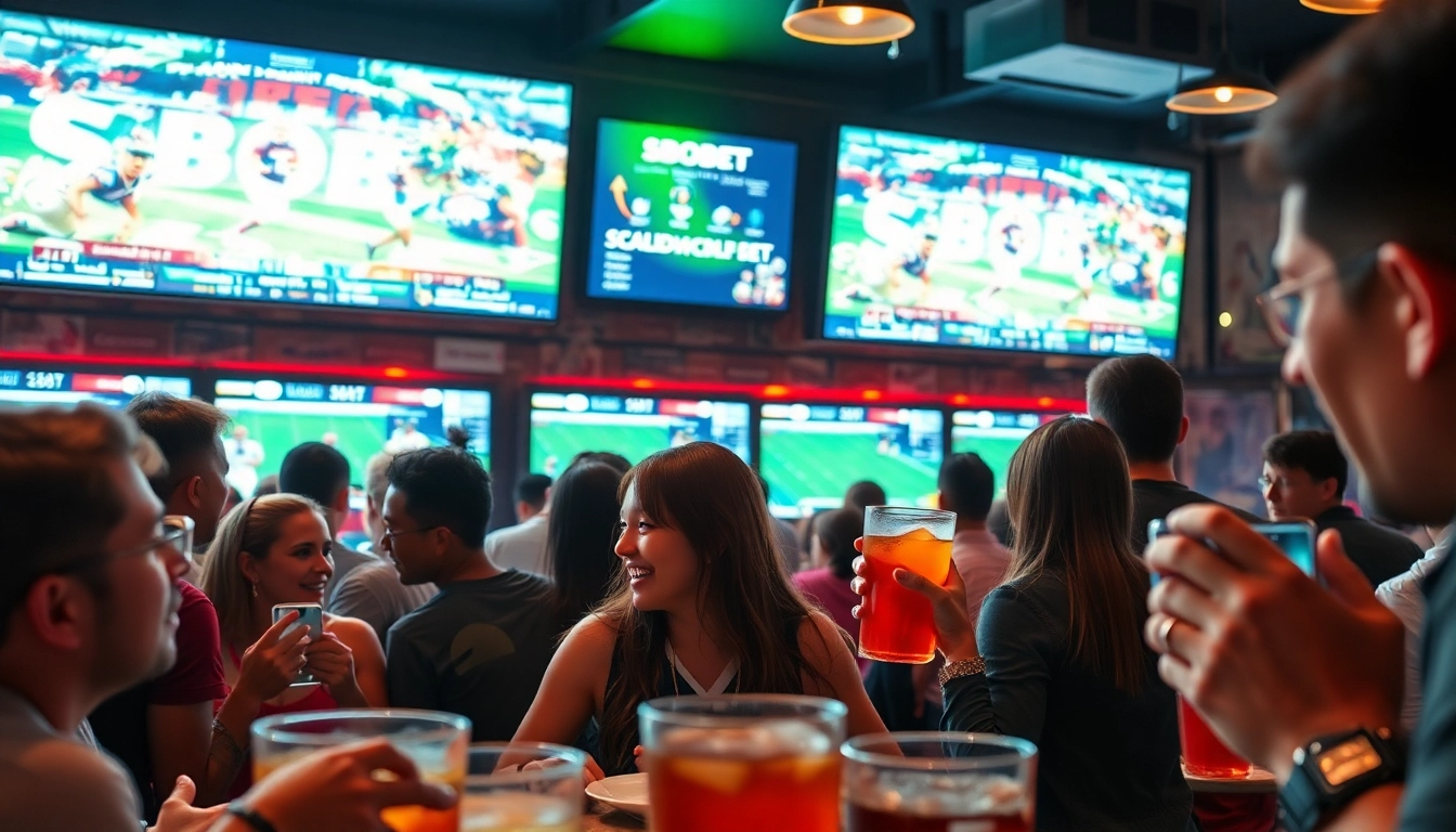 Menggambarkan SBOBET dengan petaruh energetik di bar olahraga yang dinamis.