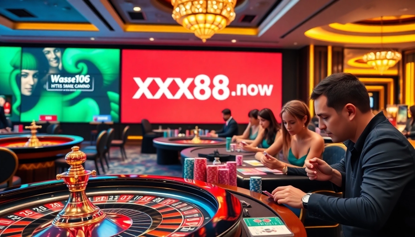 Engage in thrilling gaming at https://xx88.now/ with poker chips and roulette wheels in a luxurious casino setting.