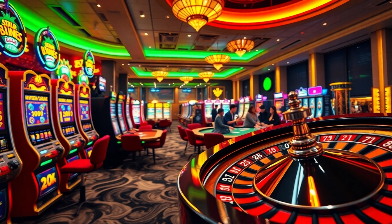 Players immerse in the excitement at nhà cái jun88 casino with poker tables and slot machines.