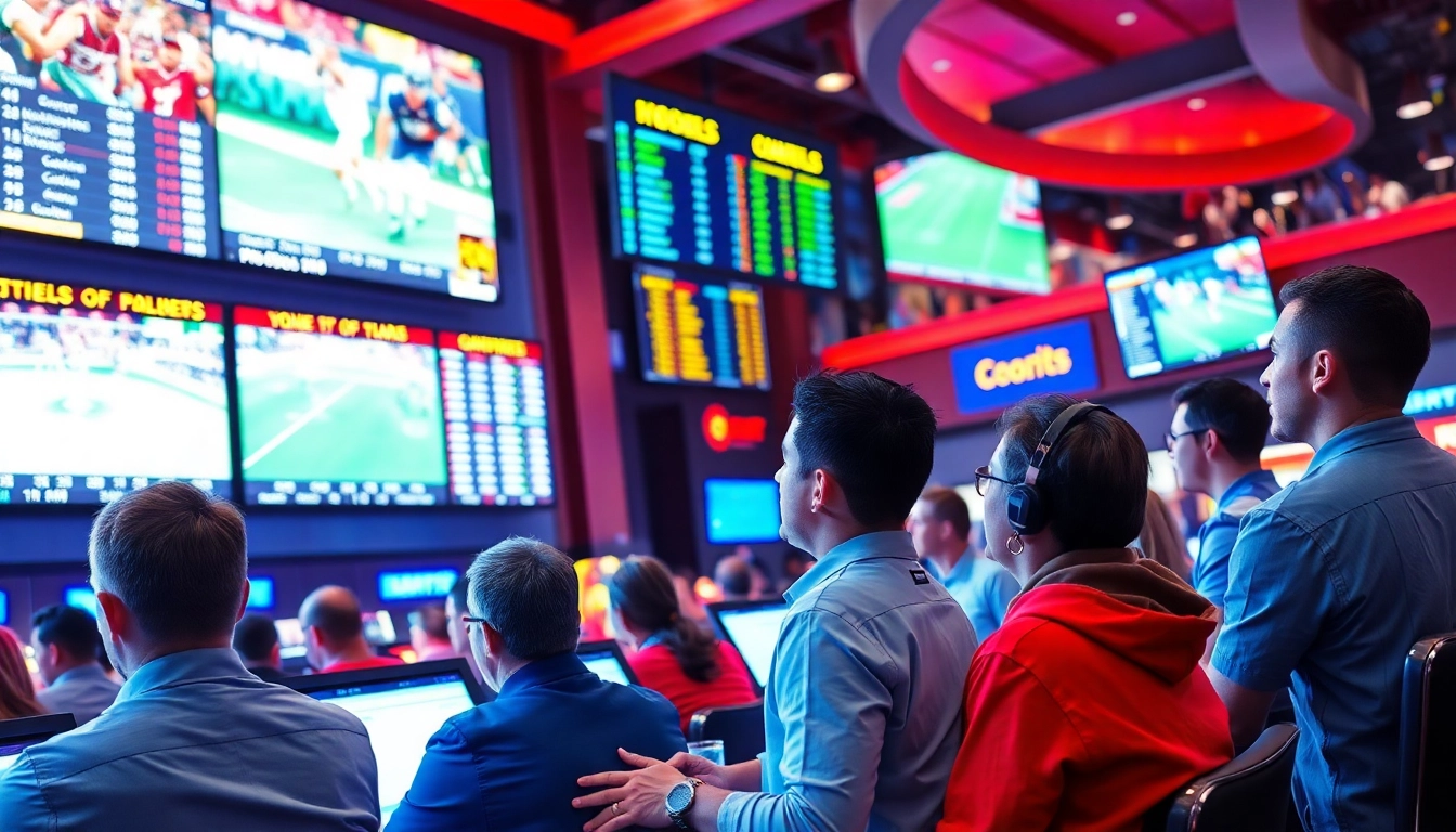 Engage in Sports Betting amidst lively fans analyzing odds in a dynamic sportsbook environment.