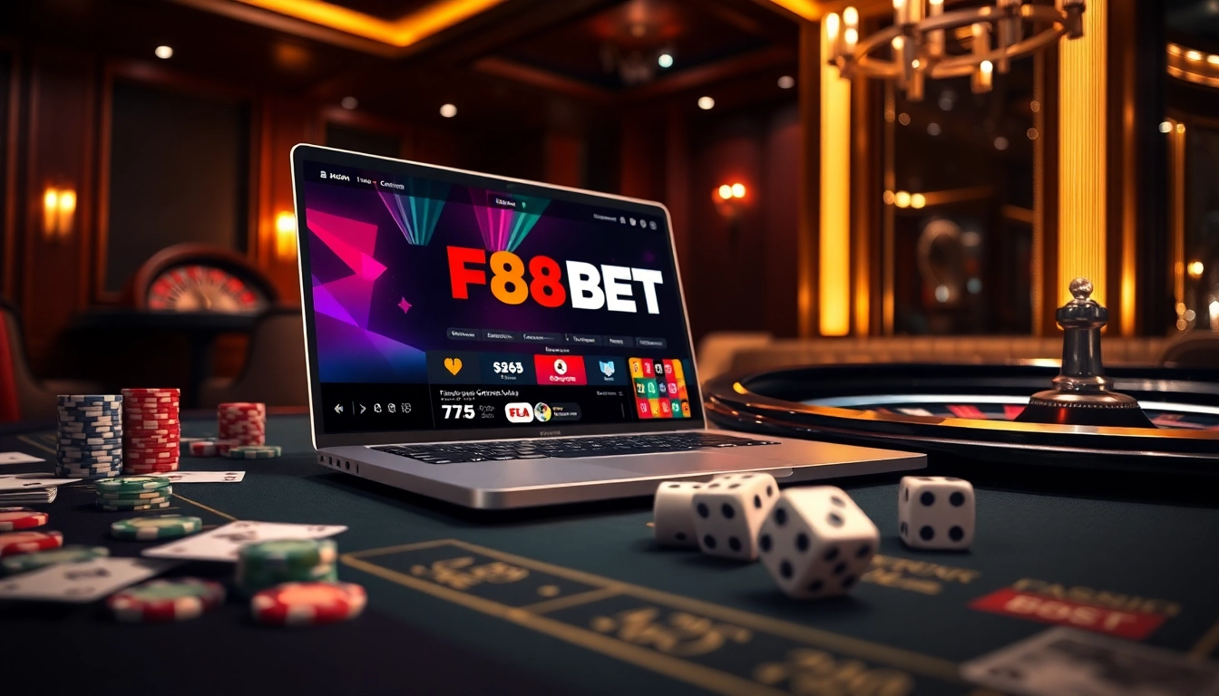 Experience the excitement of F88BET with a dynamic online gambling scene featuring poker chips and casino games.