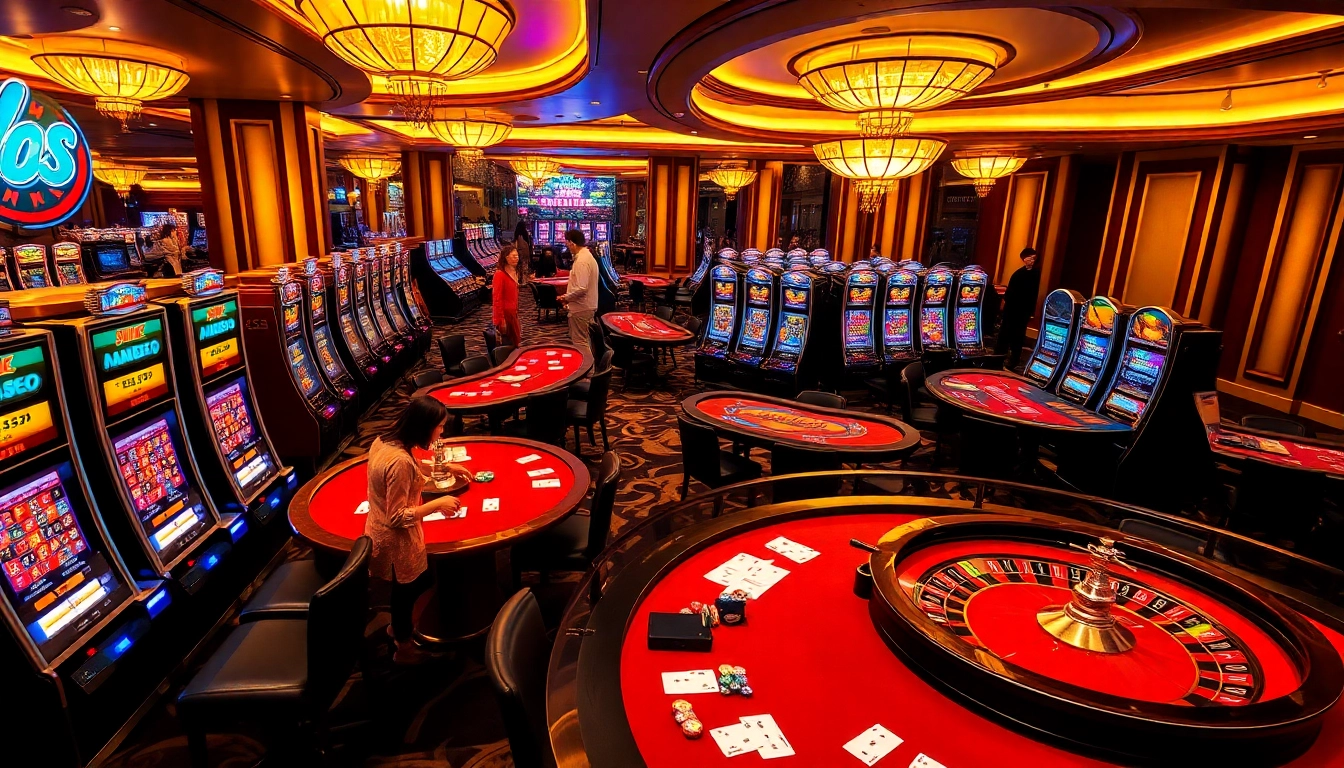 Exciting MM88 casino scene with vibrant slot machines, poker tables, and enthusiastic players.