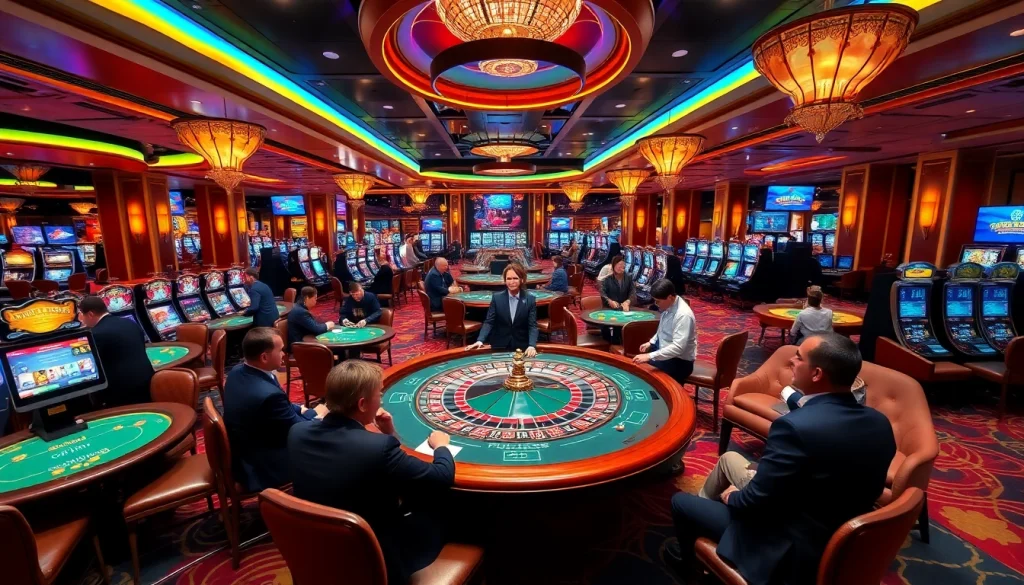 Players engaging in thrilling casino games at MM 88, showcasing vibrant poker tables and slot machines.