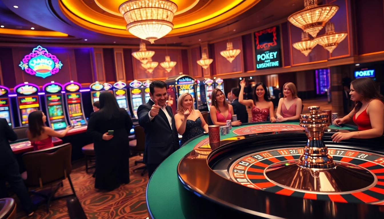 Exciting gaming experience at thabet with casino tables, poker chips, and players celebrating wins.